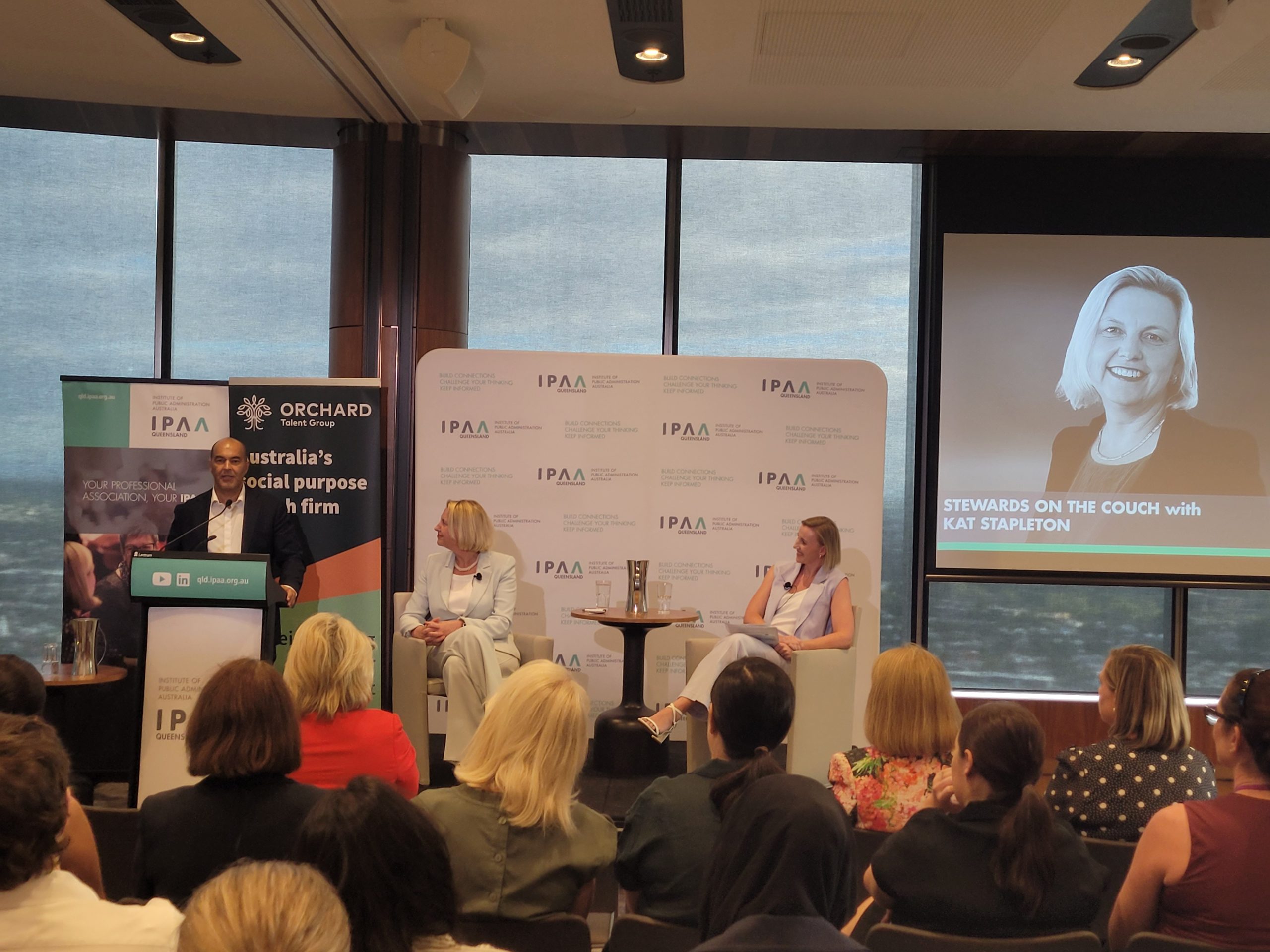 Kat Stapleton speaking during a qanda with host Celine Uandu, Recruitment Partners, at an IPAA Queensland event.